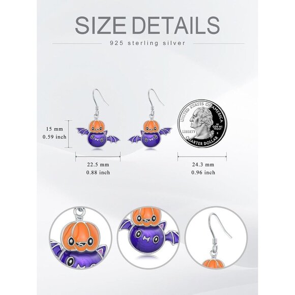 925 Sterling Silver Pumpkin Bat Patriotic Earrings for Women - Picture 4 of 6